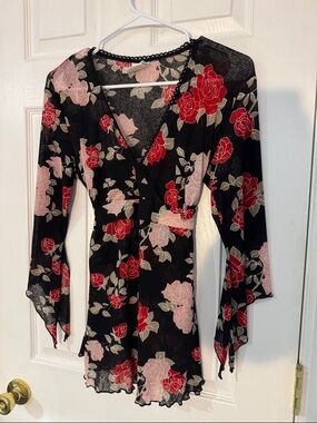 Vintage Bundle Of Joy Floral Wrap Dress - Black with Red & Pink Roses- Medium
